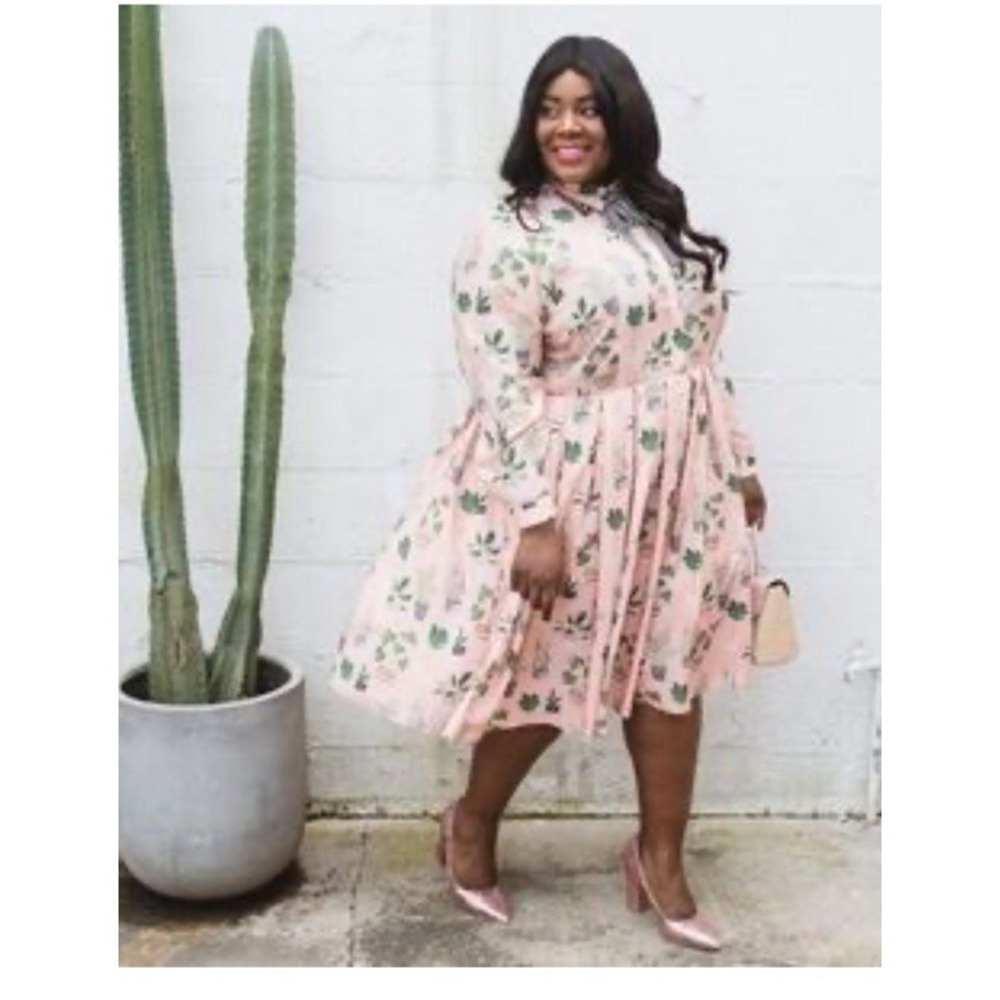 Eloquii Potted Plant Print Dress Womens 14 Peach Fit & Flare Midi